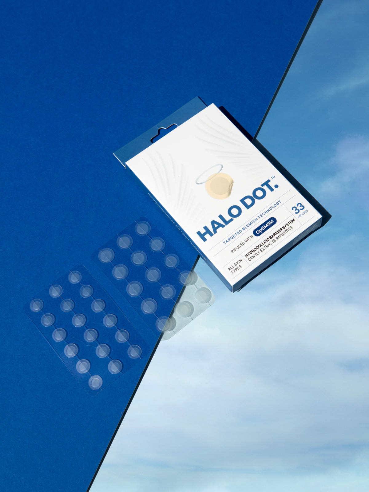 Halo Dot package with clear hydrocolloid patch sheets in two patch sizes